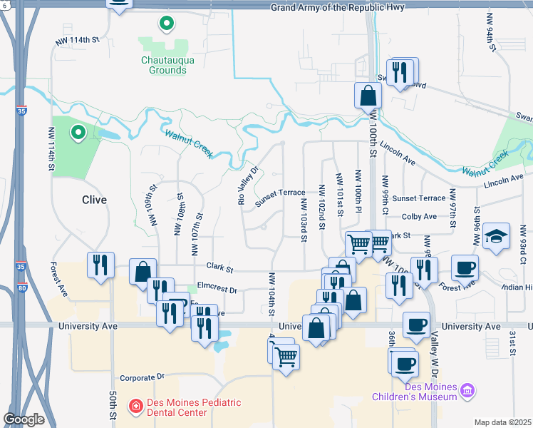 map of restaurants, bars, coffee shops, grocery stores, and more near 10459 Juan Calle Street in Clive