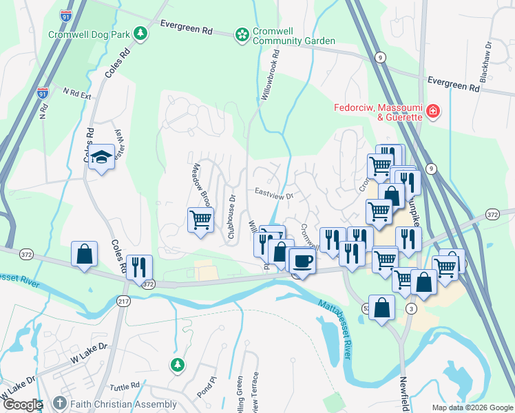map of restaurants, bars, coffee shops, grocery stores, and more near 14 Hemlock Court in Cromwell