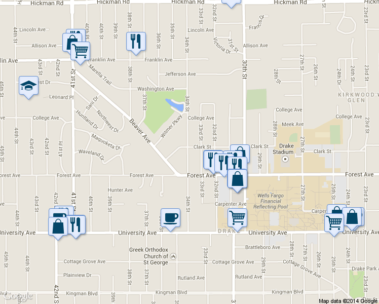 map of restaurants, bars, coffee shops, grocery stores, and more near 1441 34th Street in Des Moines