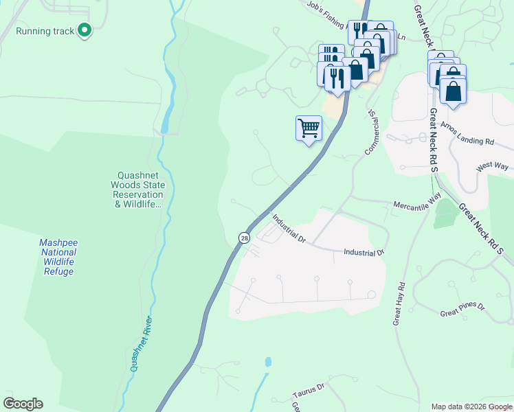 map of restaurants, bars, coffee shops, grocery stores, and more near 1 Anthony's Way in Mashpee