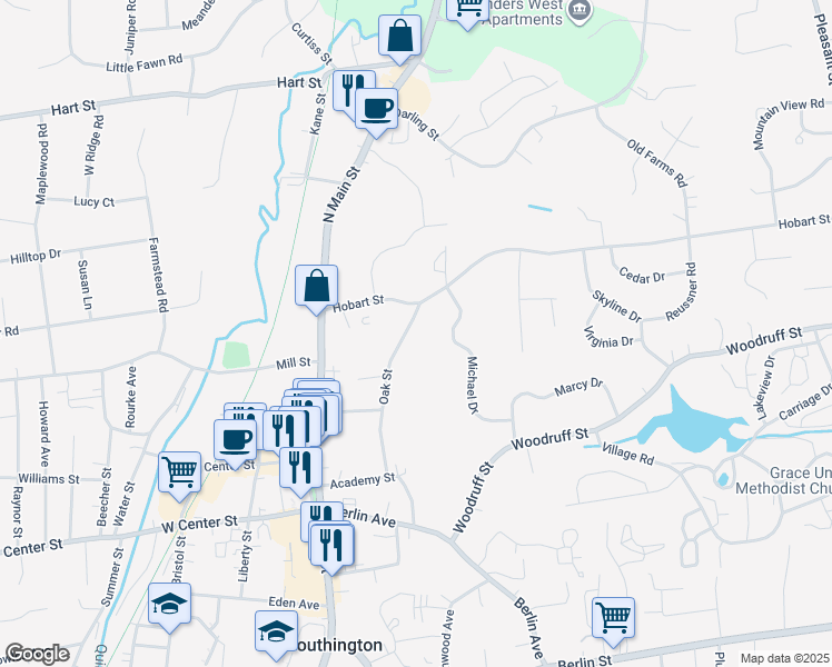 map of restaurants, bars, coffee shops, grocery stores, and more near 163 Oak Street in Southington
