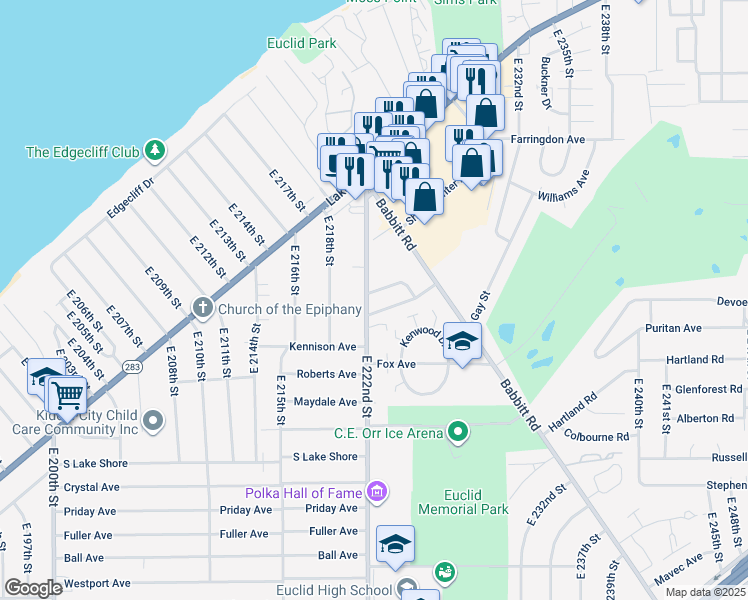 map of restaurants, bars, coffee shops, grocery stores, and more near 351 East 222nd Street in Euclid