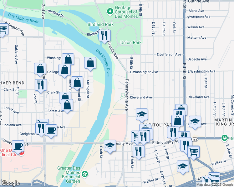 map of restaurants, bars, coffee shops, grocery stores, and more near 1410 Pennsylvania Avenue in Des Moines
