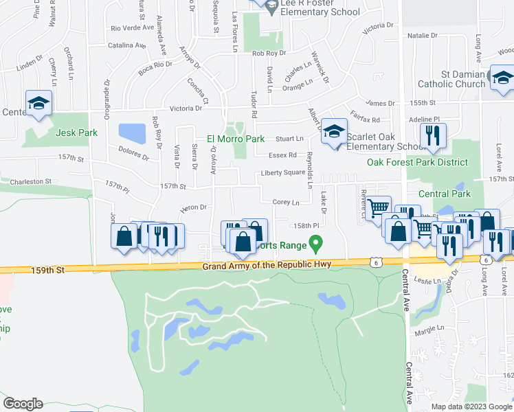 map of restaurants, bars, coffee shops, grocery stores, and more near 15728 Terrace Drive in Oak Forest