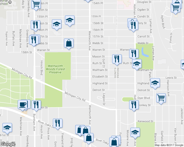 map of restaurants, bars, coffee shops, grocery stores, and more near 991 Wentworth Avenue in Calumet City