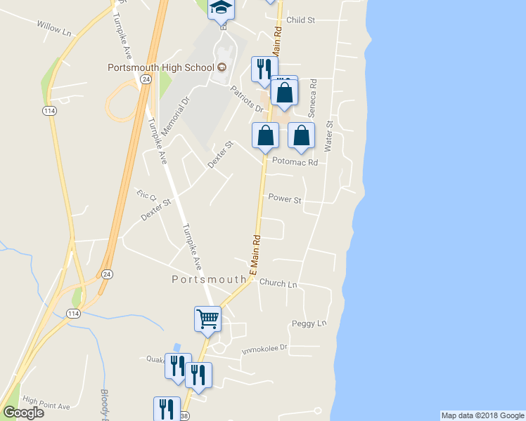 map of restaurants, bars, coffee shops, grocery stores, and more near 2803 East Main Road in Portsmouth