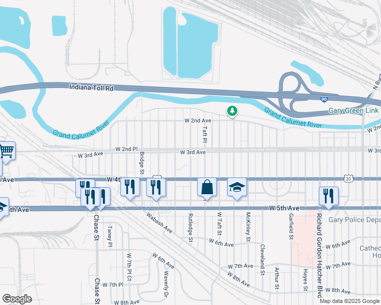 map of restaurants, bars, coffee shops, grocery stores, and more near 2500 West 3rd Avenue in Gary