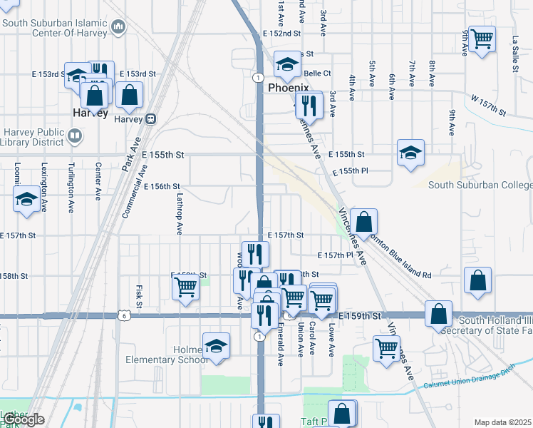 map of restaurants, bars, coffee shops, grocery stores, and more near 15623 Halsted Street in Harvey
