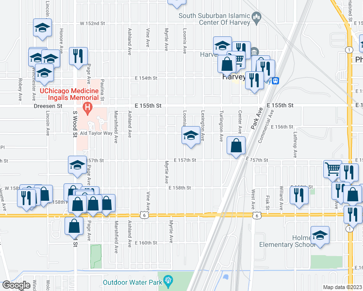 map of restaurants, bars, coffee shops, grocery stores, and more near 15620 Loomis Avenue in Harvey