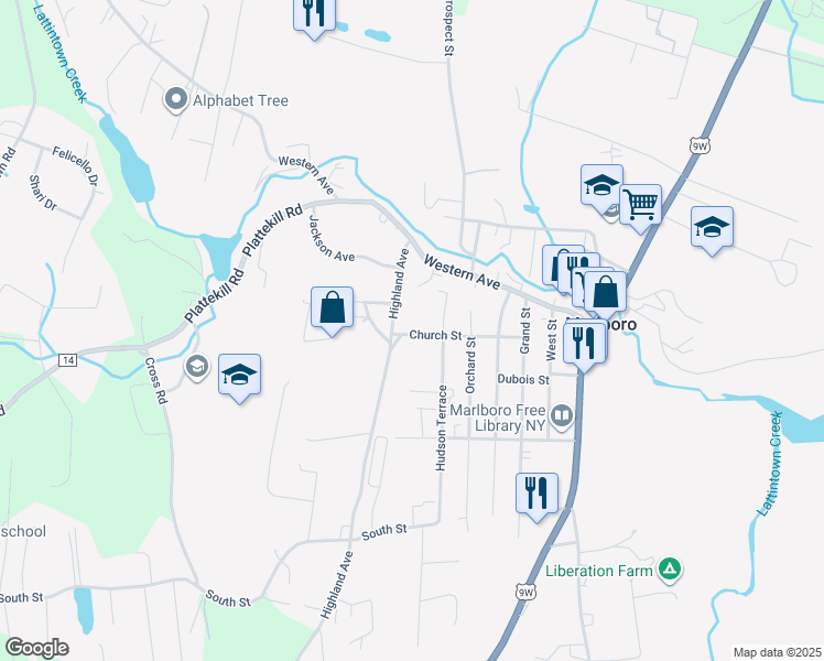 map of restaurants, bars, coffee shops, grocery stores, and more near 44 Church Street in Marlboro
