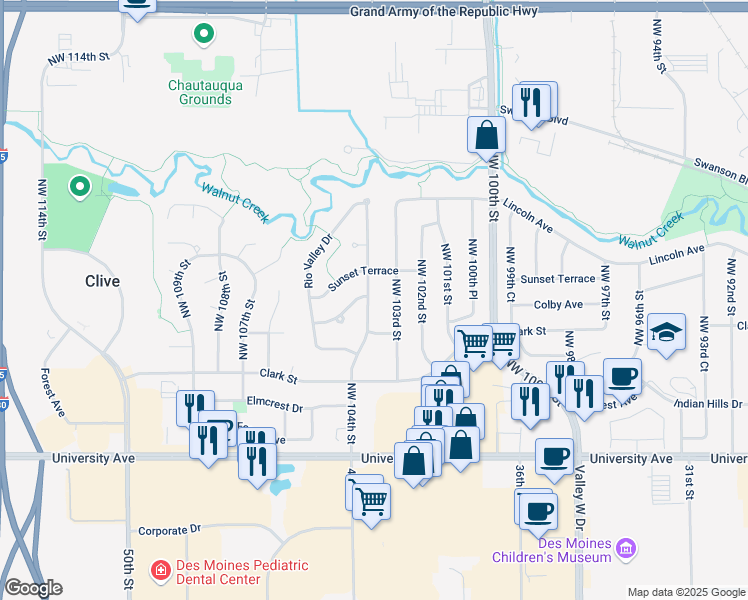 map of restaurants, bars, coffee shops, grocery stores, and more near 1591 Northwest 104th Street in Clive