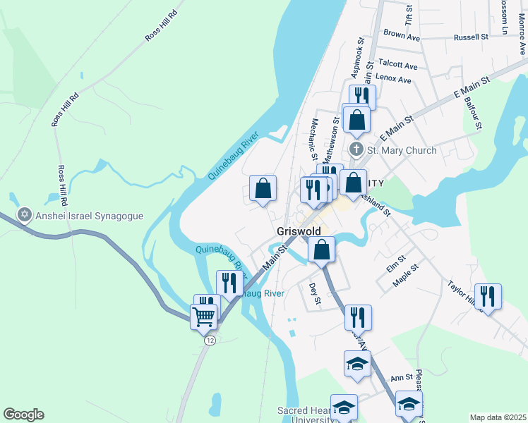 map of restaurants, bars, coffee shops, grocery stores, and more near 42 Anthony Street in Griswold