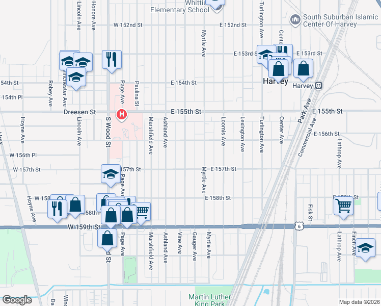 map of restaurants, bars, coffee shops, grocery stores, and more near 15621 Vine Ave in Harvey