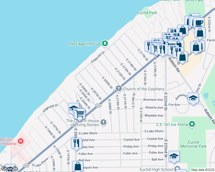 map of restaurants, bars, coffee shops, grocery stores, and more near 154 East 209th Street in Euclid