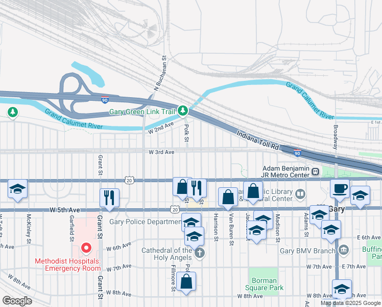 map of restaurants, bars, coffee shops, grocery stores, and more near 301 Polk Street in Gary