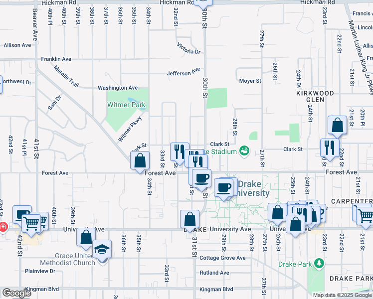 map of restaurants, bars, coffee shops, grocery stores, and more near 1444 31st Street in Des Moines