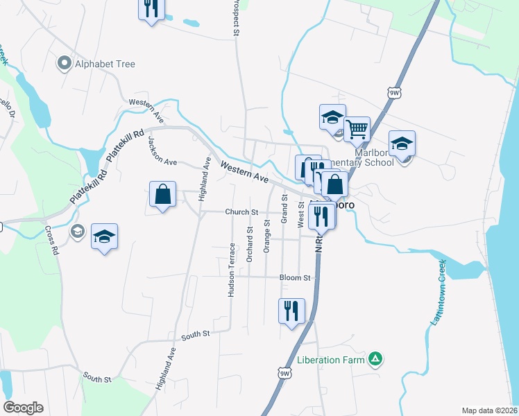 map of restaurants, bars, coffee shops, grocery stores, and more near 10 Church Street in Marlboro