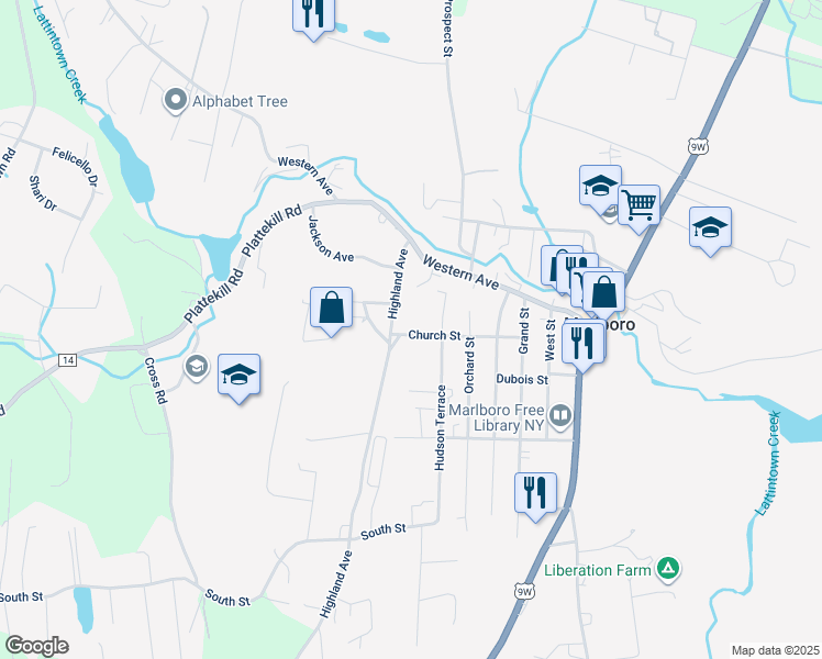 map of restaurants, bars, coffee shops, grocery stores, and more near 40 Church Street in Marlboro