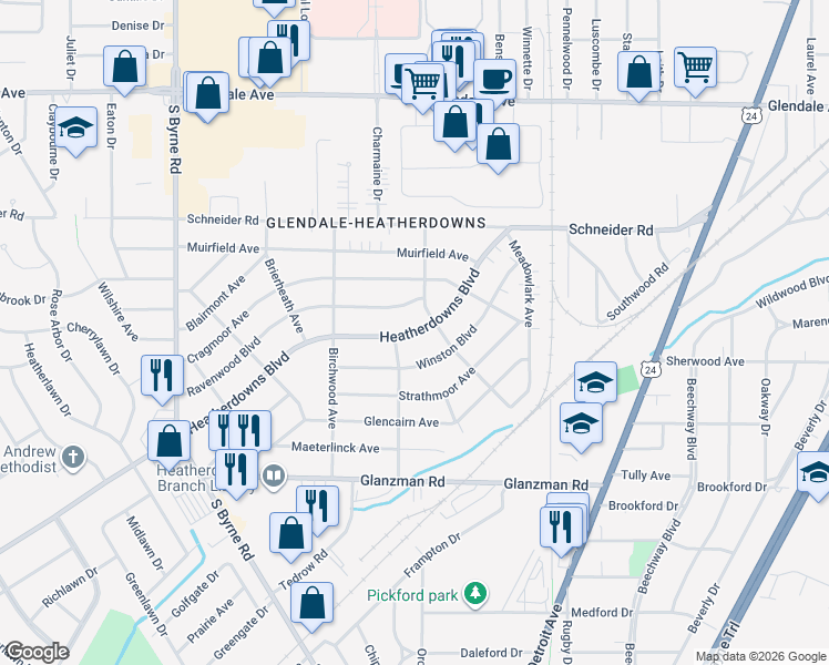 map of restaurants, bars, coffee shops, grocery stores, and more near 3007 Heatherdowns Boulevard in Toledo