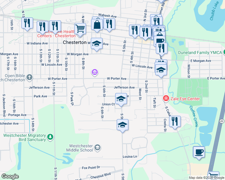 map of restaurants, bars, coffee shops, grocery stores, and more near 501-599 Jefferson Ave in Chesterton