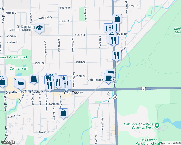 map of restaurants, bars, coffee shops, grocery stores, and more near 15735 La Vergne Avenue in Oak Forest