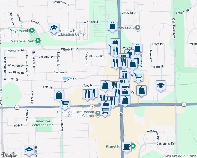 map of restaurants, bars, coffee shops, grocery stores, and more near 7513 West 157th Street in Orland Park