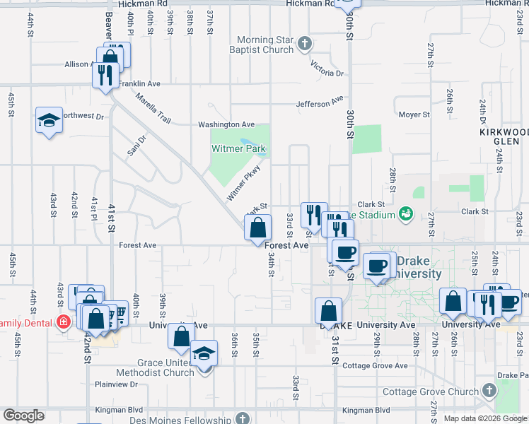 map of restaurants, bars, coffee shops, grocery stores, and more near 1441 34th Street in Des Moines