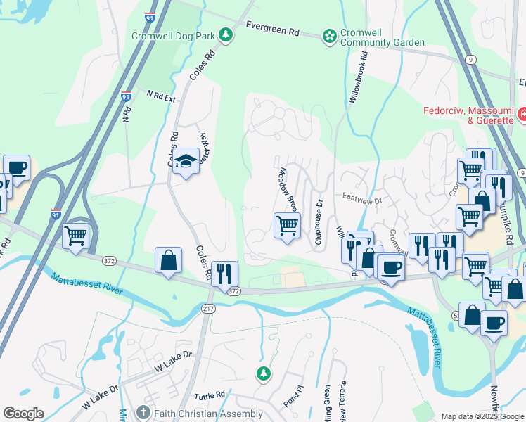 map of restaurants, bars, coffee shops, grocery stores, and more near 150 Country Squire Drive in Cromwell