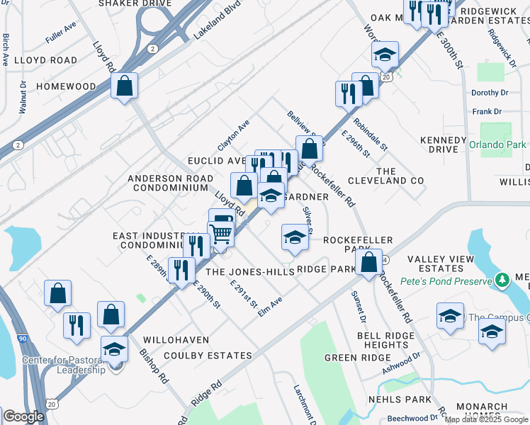 map of restaurants, bars, coffee shops, grocery stores, and more near 29240 U.S. 20 in Wickliffe