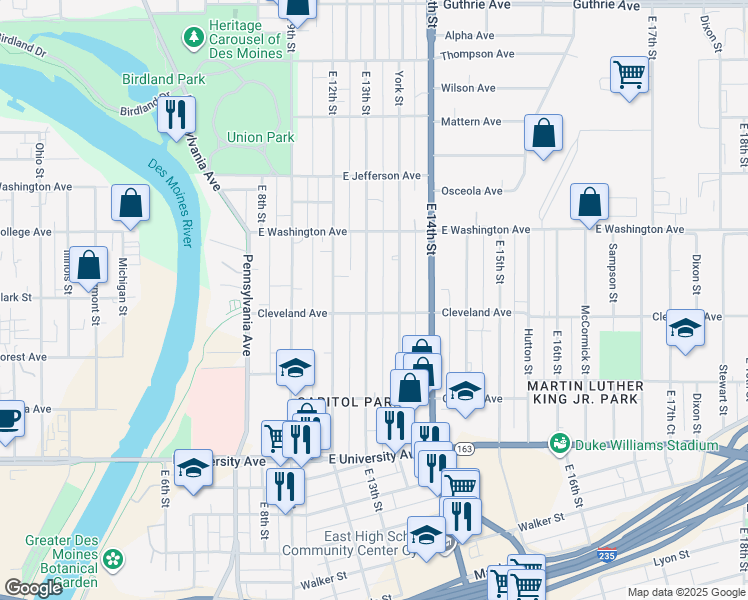 map of restaurants, bars, coffee shops, grocery stores, and more near 1411 East 13th Street in Des Moines