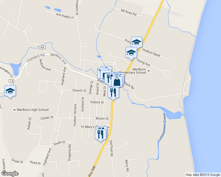 map of restaurants, bars, coffee shops, grocery stores, and more near 1 King Street in Marlboro