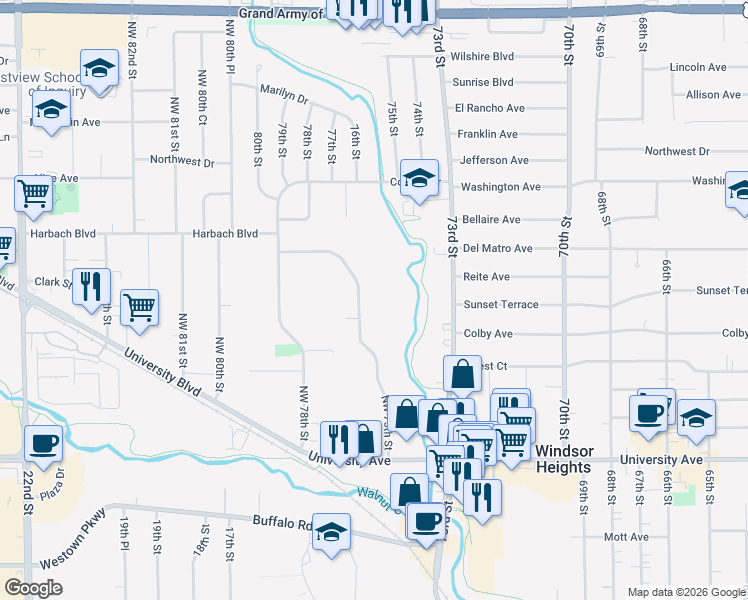 map of restaurants, bars, coffee shops, grocery stores, and more near 1575 Northwest 75th Street in Clive