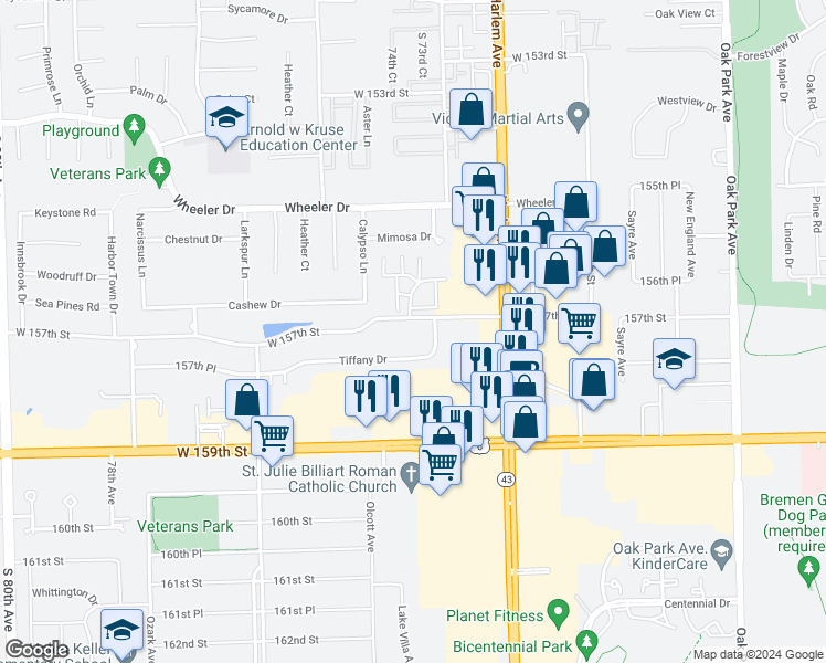 map of restaurants, bars, coffee shops, grocery stores, and more near 7513 W 157th St in Orland Park