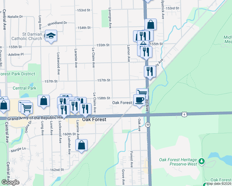 map of restaurants, bars, coffee shops, grocery stores, and more near 15735 La Vergne Ave in Oak Forest
