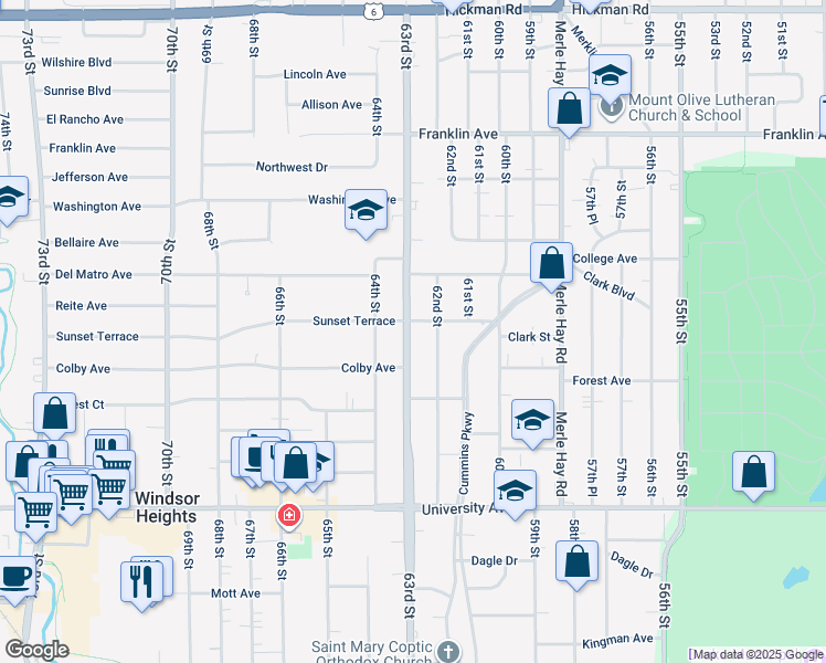 map of restaurants, bars, coffee shops, grocery stores, and more near 1443 63rd Street in Des Moines