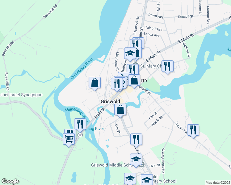 map of restaurants, bars, coffee shops, grocery stores, and more near 34 Main Street in Griswold