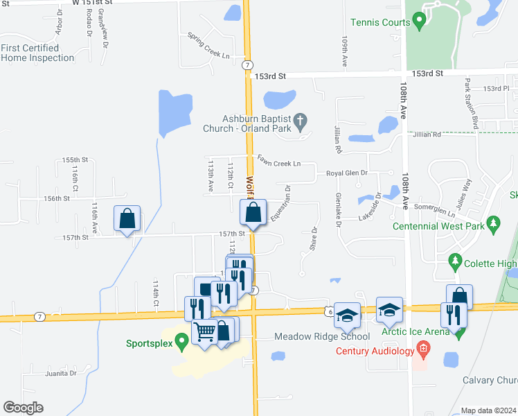 map of restaurants, bars, coffee shops, grocery stores, and more near 15630 Shenandoah Drive in Orland Park