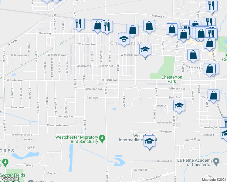 map of restaurants, bars, coffee shops, grocery stores, and more near 1007 Jefferson Avenue in Chesterton