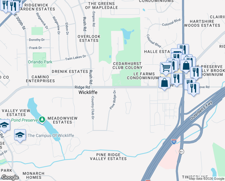 map of restaurants, bars, coffee shops, grocery stores, and more near 30544 Ridge Road in Wickliffe