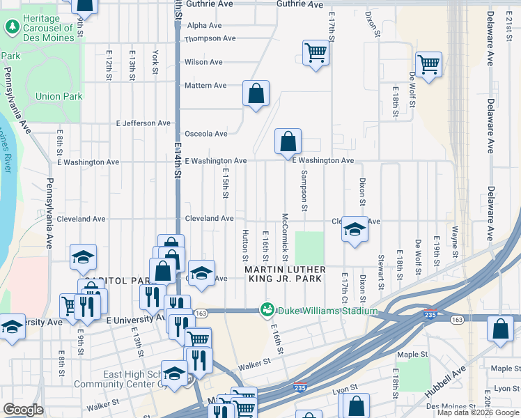 map of restaurants, bars, coffee shops, grocery stores, and more near 1410 East 16th Street in Des Moines