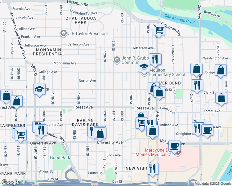 map of restaurants, bars, coffee shops, grocery stores, and more near 1441 11th Street in Des Moines