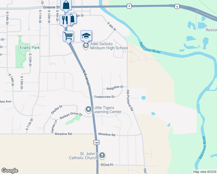map of restaurants, bars, coffee shops, grocery stores, and more near 1414 South 6th Street in Adel