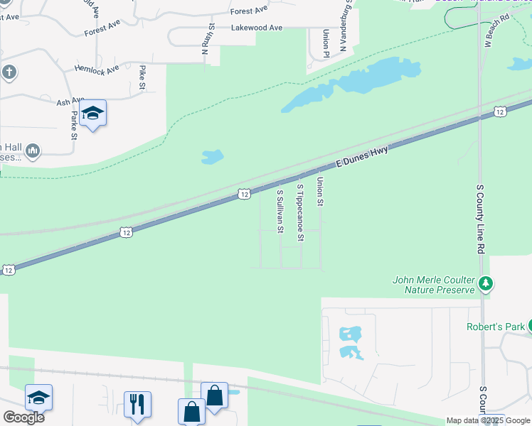 map of restaurants, bars, coffee shops, grocery stores, and more near 147 South Spencer Street in Gary