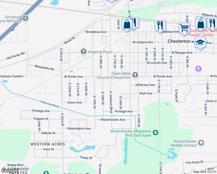 map of restaurants, bars, coffee shops, grocery stores, and more near 501-899 South 18th Street in Chesterton