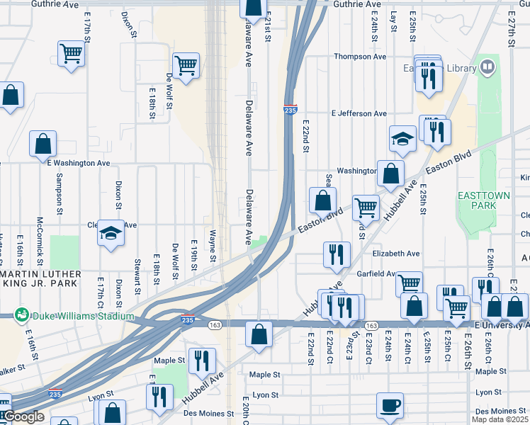map of restaurants, bars, coffee shops, grocery stores, and more near 1440 East 21st Street in Des Moines