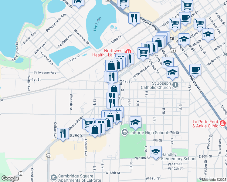 map of restaurants, bars, coffee shops, grocery stores, and more near 201 J Street in La Porte