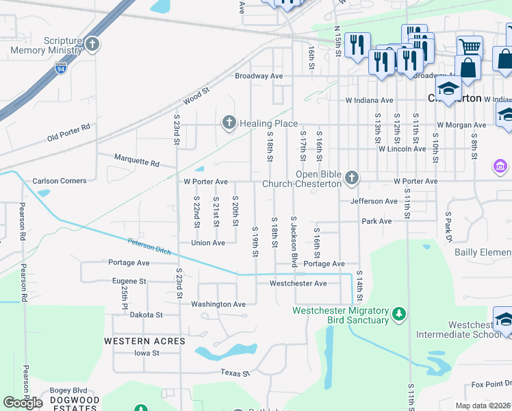 map of restaurants, bars, coffee shops, grocery stores, and more near 603 South 19th Street in Chesterton