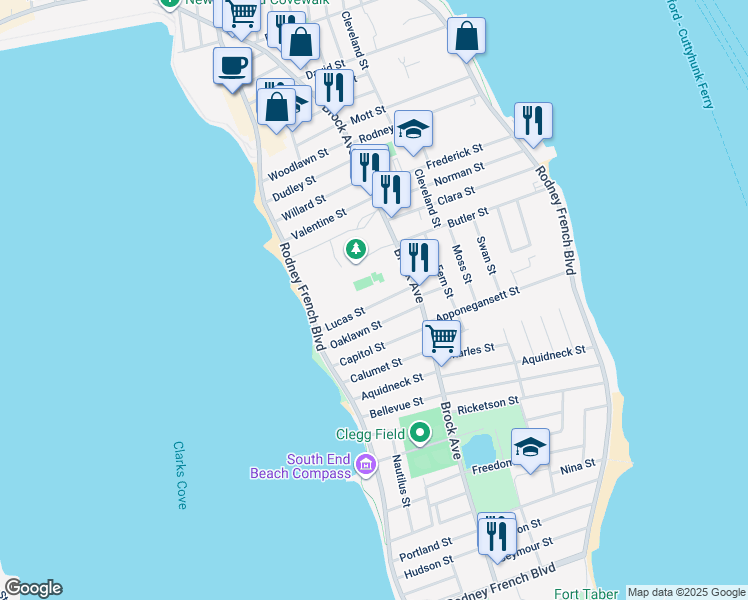 map of restaurants, bars, coffee shops, grocery stores, and more near 37 Lucas Street in New Bedford