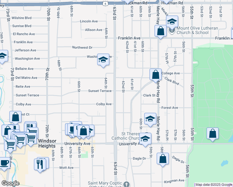 map of restaurants, bars, coffee shops, grocery stores, and more near 1443 63rd Street in Des Moines