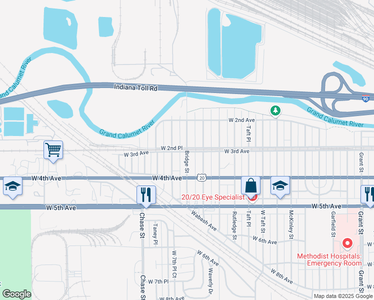 map of restaurants, bars, coffee shops, grocery stores, and more near 292 Bridge Street in Gary